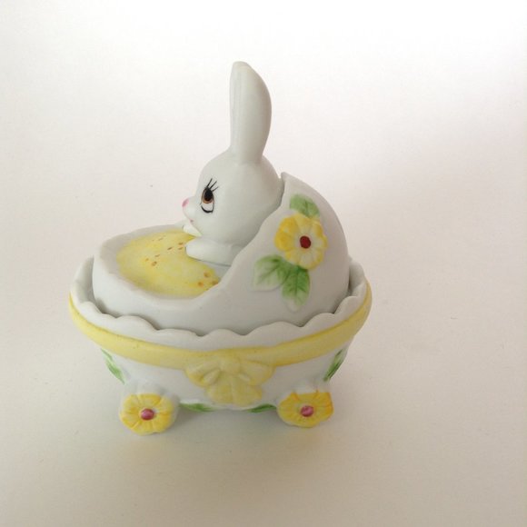 Vintage Lefton China Bunny Easter Egg Lidded Trinket Box Dish Hand Painted - Picture 2 of 8